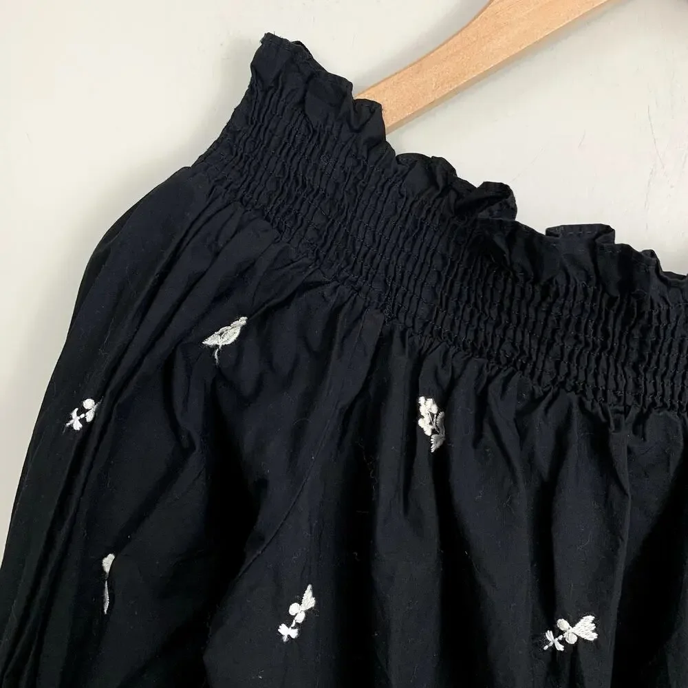 Zara Trafaluc Black White Off Shoulder Top Floral Embroider Puff Sleeve Blouse S